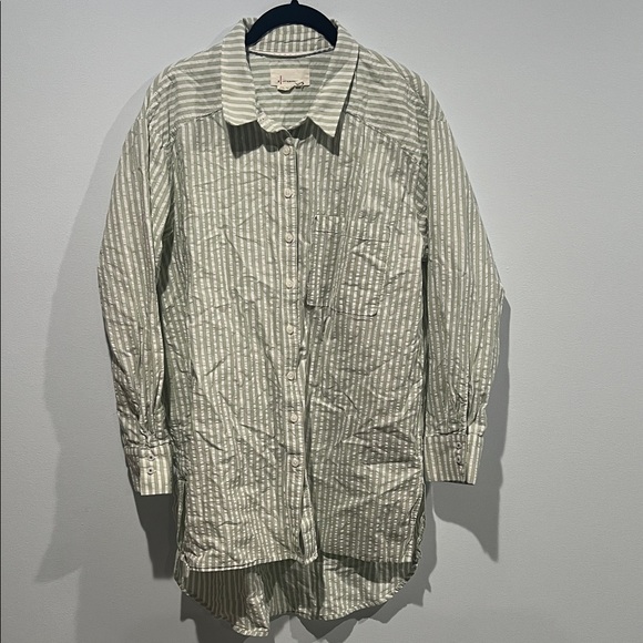 Anthropologie Green Striped Seersucker Buttondown Tunic 🌿 Size Medium NWOT - Picture 4 of 12